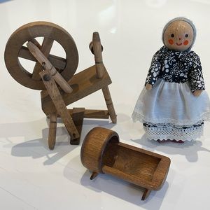 Vintage Miniature Wood Spinning Wheel & Wood Crafle and Doll